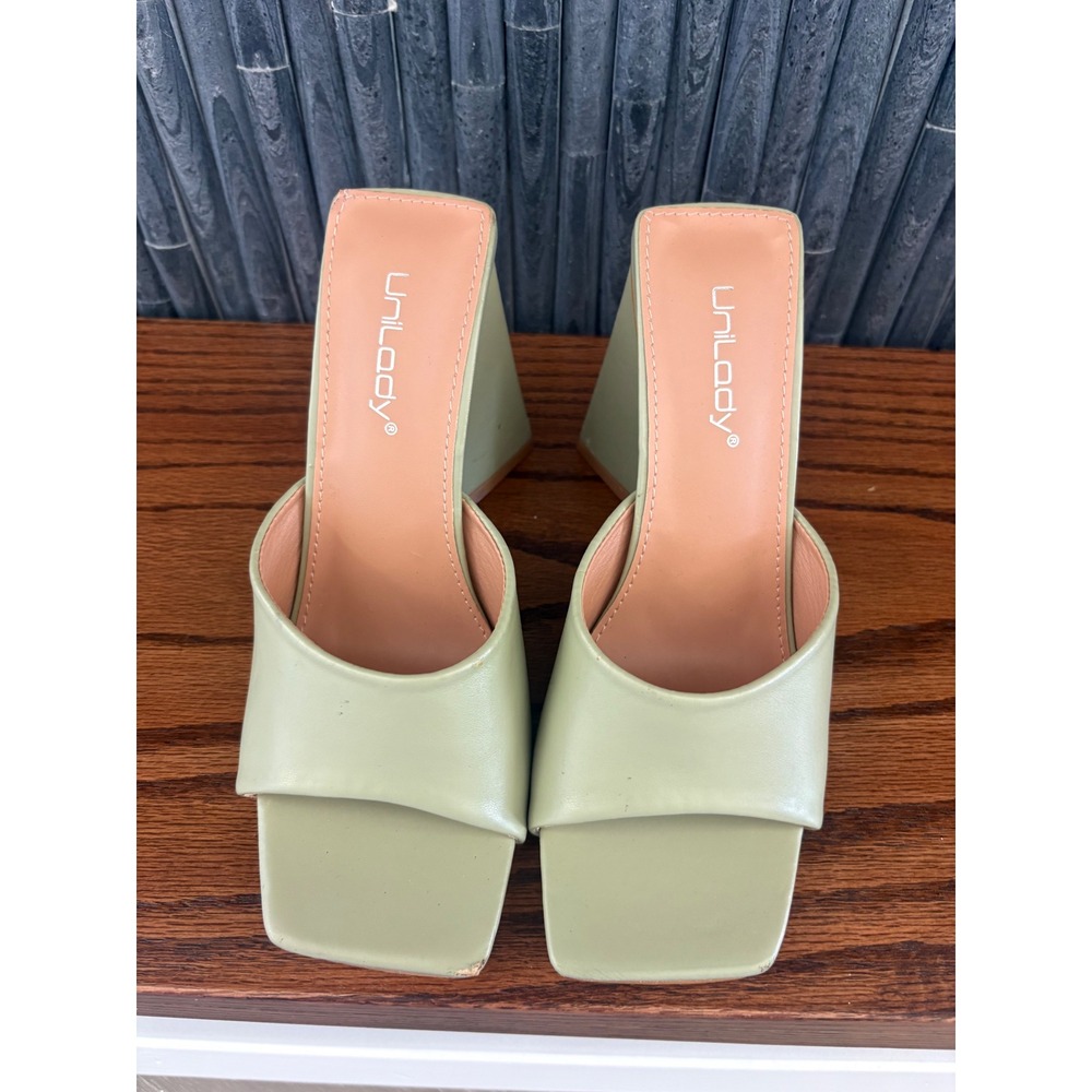 Unilady TRI-1 Sage Green Square Toe Triangular Block Heel Mule Sandals Womens 7 - Picture 2 of 6
